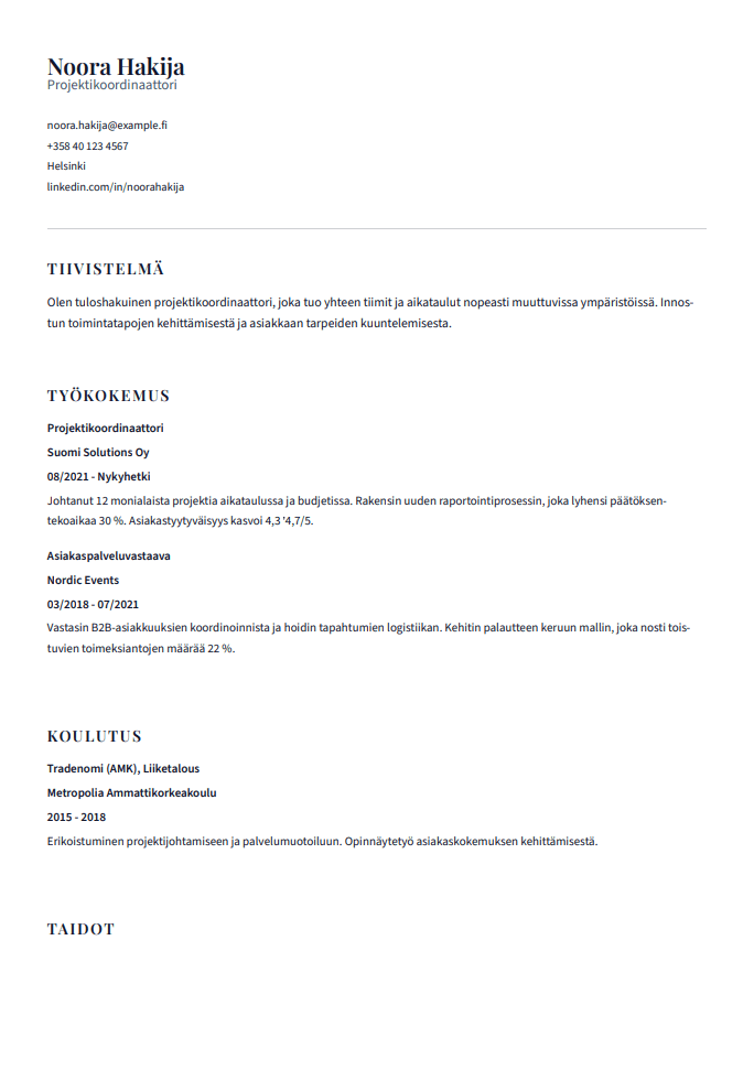 Klassinen työhakemus hakemusmallin esikatselu